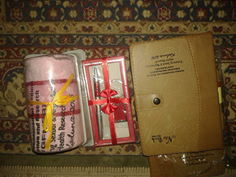 Gift bag and contents, which included course materials